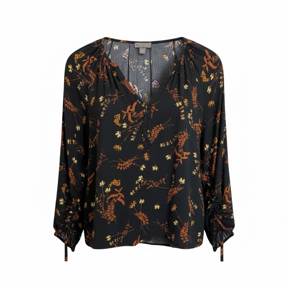 POINT SUR Black Floral Print‎ V Neck Long Sleeve Gathered Cuff Blouse Women's M